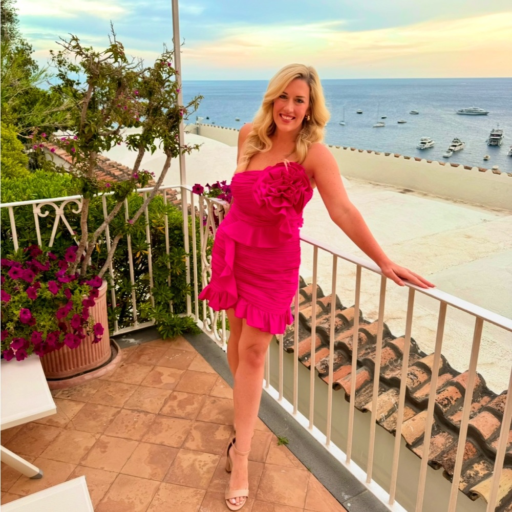 Express ruffle floral pink one shoulder dress